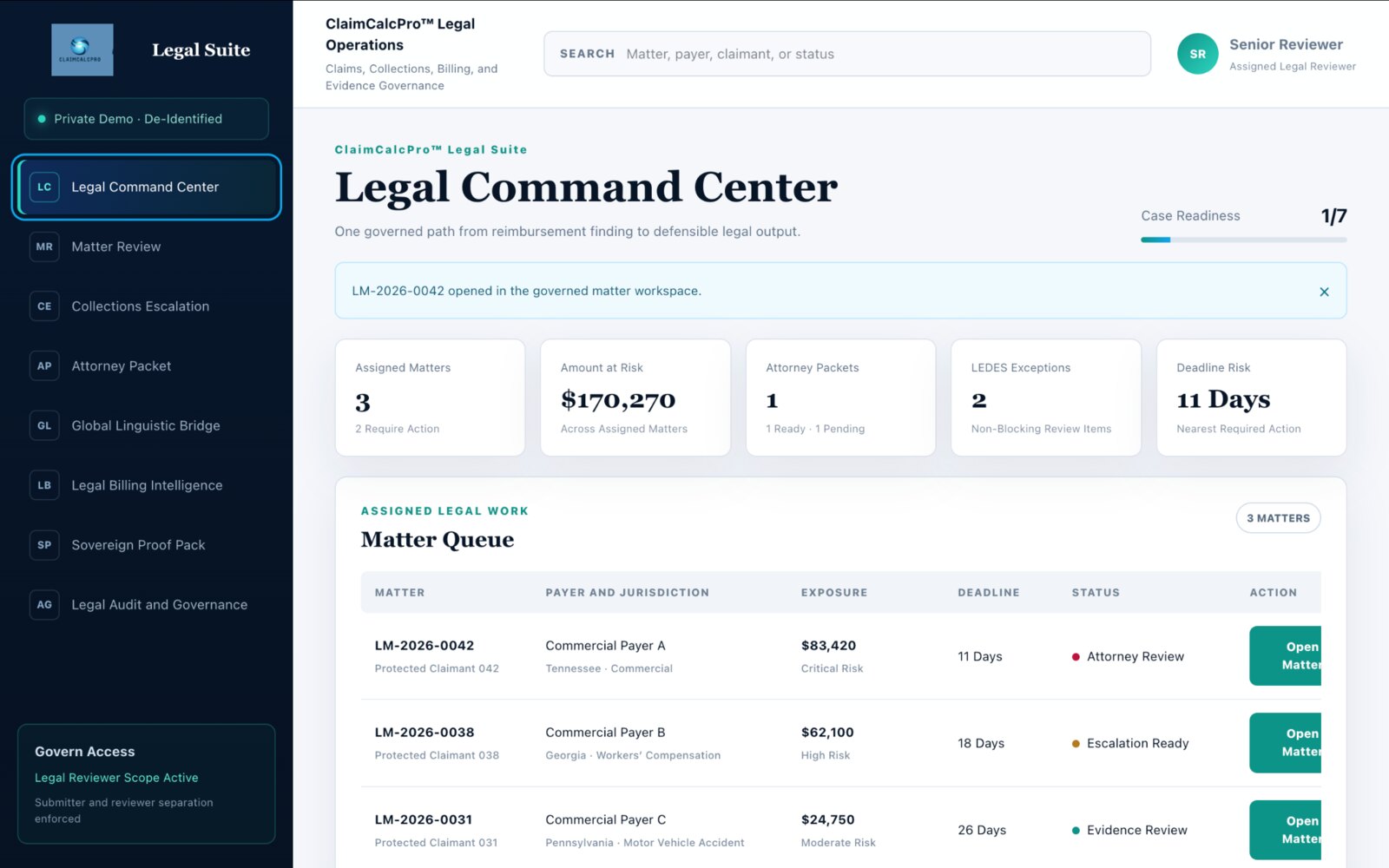 Sanitized ClaimCalcPro Legal Command Center showing de-identified matters, exposure, deadlines, status, and actions